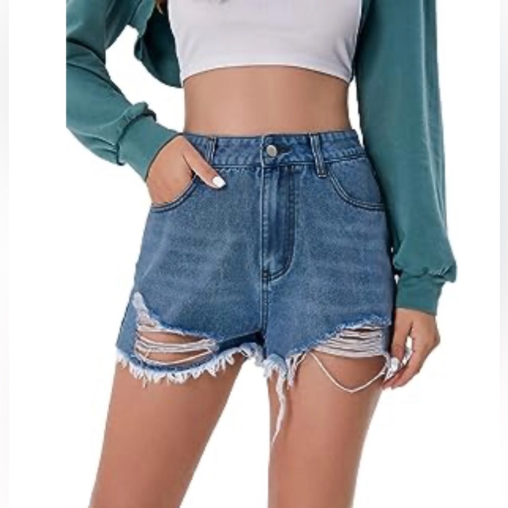 High waisted dark wash denim shorts